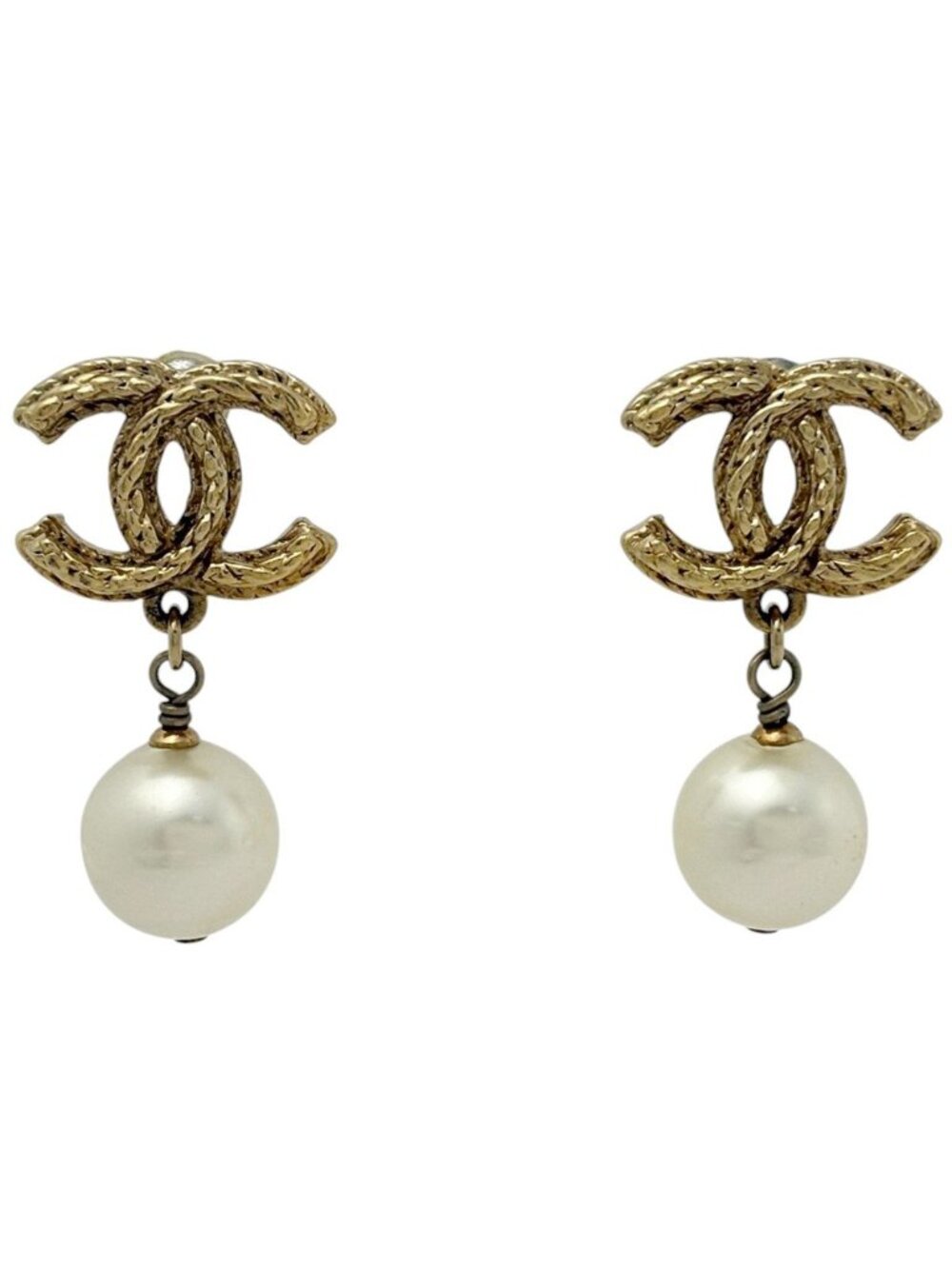 Chanel Earrings CC Logo Swing Faux Pearl Gold White